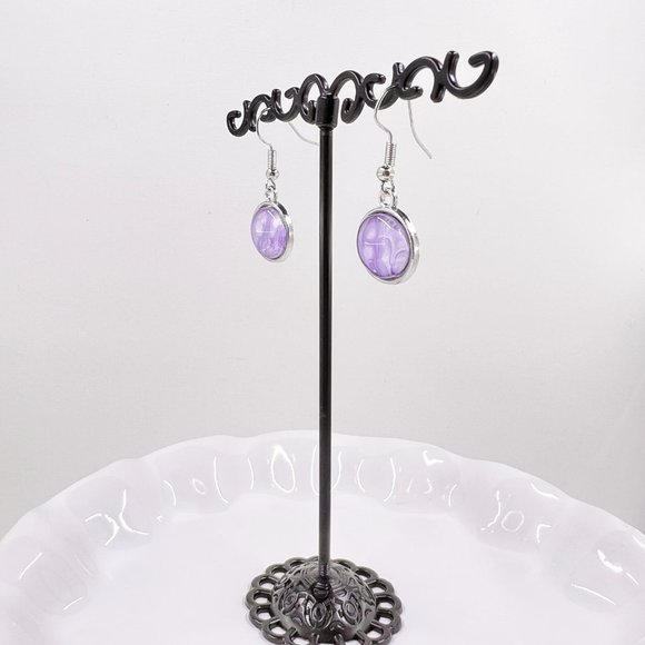 New / Handcrafted - Round Purple Paint Skin Silver Tone Fishhook Earrings - Picture 3 of 5